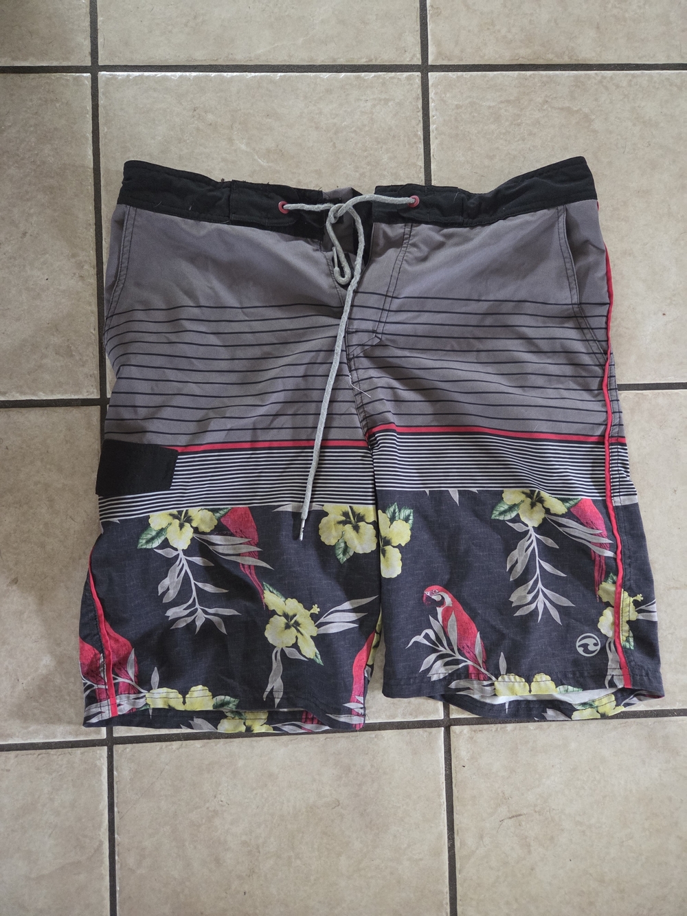 Ocean Current Gray Floral Parrot Board Shorts with Pink Trim